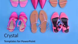  Presentation with running women shoes silhouette - Presentation design consisting of womens six shoes on blue background and a light blue colored foreground