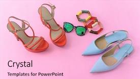  Presentation with running women shoes silhouette - PPT theme having womens two shoes with sunglasses background and a lemonade colored foreground