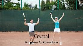  Presentation with professional tennis player athlete man - Audience pleasing presentation design consisting of won tennis players so happy backdrop and a  colored foreground