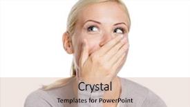  Presentation with woman covering man mouth hand - PPT layouts having wonder woman - laughing girl in gray sweater background and a soft green colored foreground