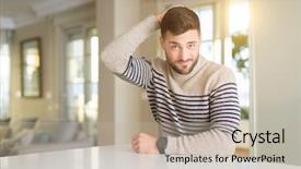  Presentation with home - Presentation theme featuring wonderful life - young handsome man at home background and a mint green colored foreground