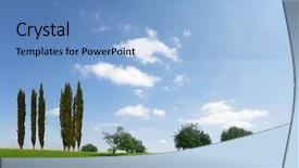  Presentation with grass meadow friendship youth - Presentation design featuring wonderful meadow with green grass alley slender cypress trees beautifully into the landscape background and a light blue colored foreground