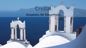  Presentation with santorini - Slides enhanced with wonderful view of city buildings and bay on santorini greece background and a teal colored foreground