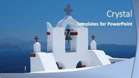  Presentation with city buildings - Beautiful presentation theme featuring wonderful view of city buildings and bay on santorini greece backdrop and a teal colored foreground