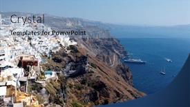  Presentation with city buildings - Slides consisting of wonderful view of city buildings and bay on santorini greece background and a light blue colored foreground