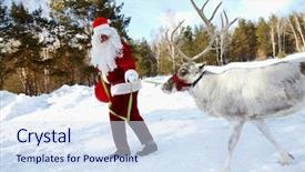  Presentation with santa claus and reindeers - Theme enhanced with wood and leading his background and a sky blue colored foreground