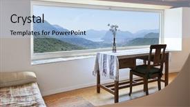  Presentation with rural home - Colorful PPT theme enhanced with wood beam - picture window rural home interior backdrop and a  colored foreground