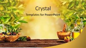  Presentation with food preparation - Slide deck with wood bowls and pressed oil background and a yellow colored foreground