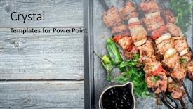 Presentation with traditional wood - Slide deck consisting of wood charcoal - traditional greek souvlaki barbecue skewer background and a light gray colored foreground