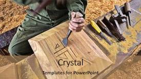  Presentation with chisel - Colorful slide set enhanced with wood chisel carpenter tool hammer in hand working wooden background backdrop and a coral colored foreground