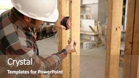  Presentation with work safety - Beautiful theme featuring wood frame house - construction electrician measuring to install backdrop and a tawny brown colored foreground