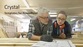  Presentation with wood industry - PPT theme featuring wood industry technicians working together background and a soft green colored foreground