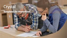  Presentation with wood industry - Beautiful presentation theme featuring wood industry technicians working together backdrop and a  colored foreground