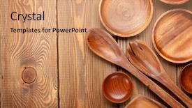  Presentation with kitchen utensils - Presentation design having wood kitchen utensils over wooden table background with copy space background and a coral colored foreground