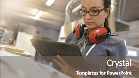  Presentation with industrial textile industry yarn spools - Audience pleasing PPT layouts consisting of wood manufactory - industrial designer woman working backdrop and a  colored foreground