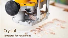  Presentation with milling machine - Slide deck featuring wood milling machine in action background and a sky blue colored foreground