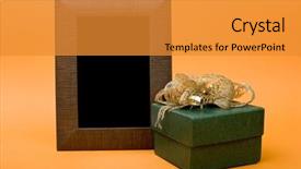  Presentation with ribbon green - Presentation theme featuring wood photo frame and green gift box with golden ribbon on orange background background and a gold colored foreground