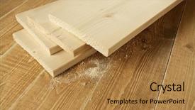  Presentation with wood planks - Slide deck featuring wood planks on wooden table background and a coral colored foreground