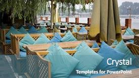  Presentation with restaurant - Presentation theme enhanced with wood rustic urban furniture - outdoor restaurant background and a teal colored foreground