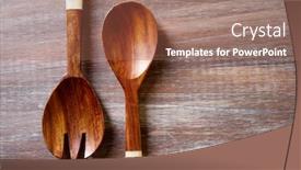  Presentation with wood tools - Beautiful PPT layouts featuring wood spoon and fork on wooden board kitchen tools backdrop and a coral colored foreground