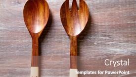  Presentation with wood tools - PPT theme featuring wood spoon and fork on wooden board kitchen tools background and a coral colored foreground