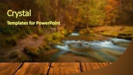  Presentation with empty of wood table top - Slide deck with wood table against blurry river background and a tawny brown colored foreground