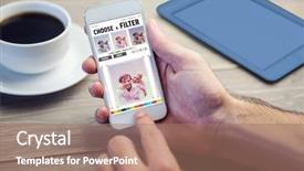  Presentation with smartphone app - PPT layouts having wood tech - smartphone app menu against person background and a coral colored foreground