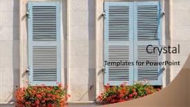  Presentation with tall building art - Amazing presentation design having wood window shutters - building facade in bayonne france backdrop and a soft green colored foreground