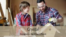  Presentation with helping - Audience pleasing PPT theme consisting of wood work - happy boy helping his father backdrop and a coral colored foreground