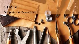  Presentation with wood tools - Colorful presentation theme enhanced with wood work - leather crafting tools still life backdrop and a gold colored foreground