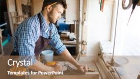  Presentation with kids tee shirt - Presentation design having wood work - skillful bearded woodworker in checked background and a coral colored foreground