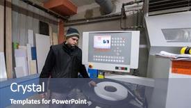  Presentation with electronics workshop - Slide set having wood working machine in workshop background and a ocean colored foreground