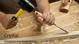  Presentation with chisel - Theme featuring wood workshop carpenter working background and a coral colored foreground