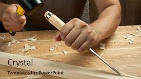  Presentation with chisel - Audience pleasing PPT theme consisting of workshop carpenter working with chisel backdrop and a coral colored foreground
