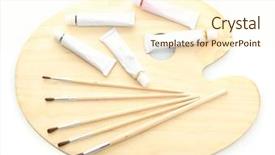  Presentation with paint art - Colorful slide deck enhanced with wooden art palette tubes with paint and brushes isolated on white backdrop and a cream colored foreground