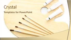  Presentation with paint art - Presentation having wooden art palette tubes with paint and brushes isolated on white background and a cream colored foreground