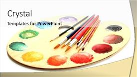  Presentation with paint art - Slide deck consisting of wooden art palette with paint and brushes isolated on white background and a white colored foreground