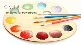  Presentation with paint art - Cool new presentation with wooden art palette with paint and brushes isolated on white backdrop and a cream colored foreground