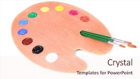  Presentation with paint art - PPT layouts having wooden art palette with paint and brushes isolated on white background and a lemonade colored foreground