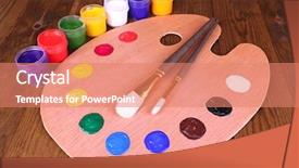 Presentation with paint art - PPT theme consisting of wooden art palette with paint background and a coral colored foreground
