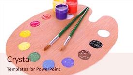 Presentation with paint art - Amazing slide deck having wooden art palette with paint and brushes isolated on white backdrop and a coral colored foreground