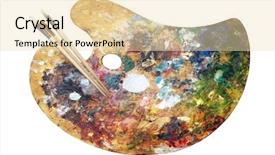  Presentation with abstract paint brush texture art - PPT theme having wooden art palette with paints background and a lemonade colored foreground