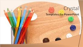 Presentation with color pencils - Beautiful presentation theme featuring wooden artists palette loaded with various color paints and colorful pencils isolated on a white background backdrop and a lemonade colored foreground