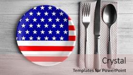  Presentation with cutlery food - PPT theme having wooden background american cuisine food background and a coral colored foreground