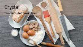  Presentation with kitchen utensils - Beautiful presentation design featuring wooden background cooking master class backdrop and a coral colored foreground