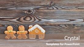  Presentation with gingerbread man - PPT theme with wooden background gingerbread house background and a coral colored foreground