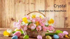  Presentation with easter basket - Presentation theme enhanced with wooden background in rustic style background and a coral colored foreground