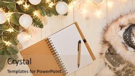  Presentation with old paper rolls - Amazing PPT theme having wooden background top view christmas backdrop and a coral colored foreground