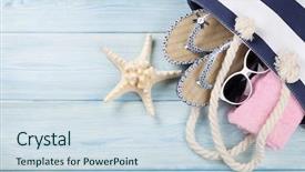  Presentation with beach bag - Amazing presentation having wooden background top view backdrop and a sky blue colored foreground