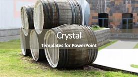 Presentation with barrels - Theme consisting of wooden barrels outdoor near wine cellar background and a gray colored foreground